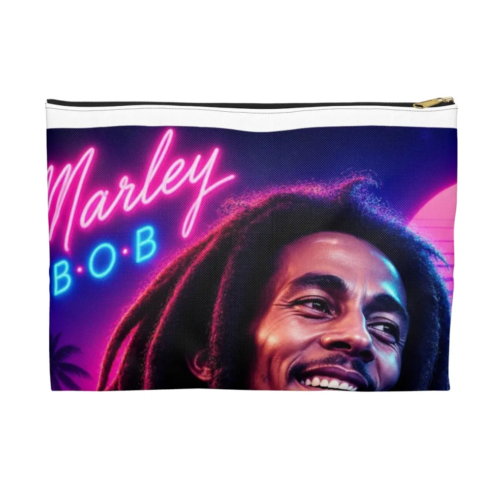Zip pouch showing a glowing B.O.B neon sign over a violet sky and a smiling reggae musician
