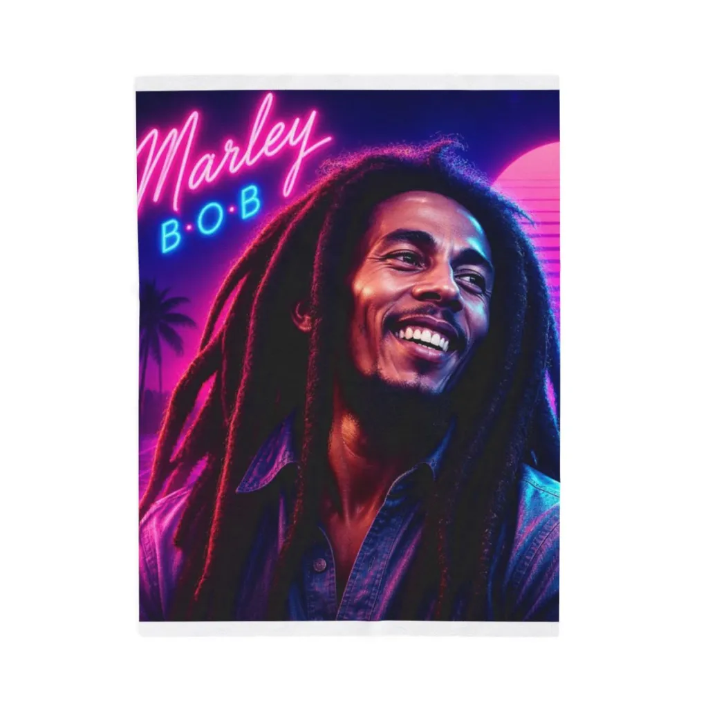 Plush blanket showing a wide synthwave sunset, a neon B.O.B sign and a smiling reggae legend