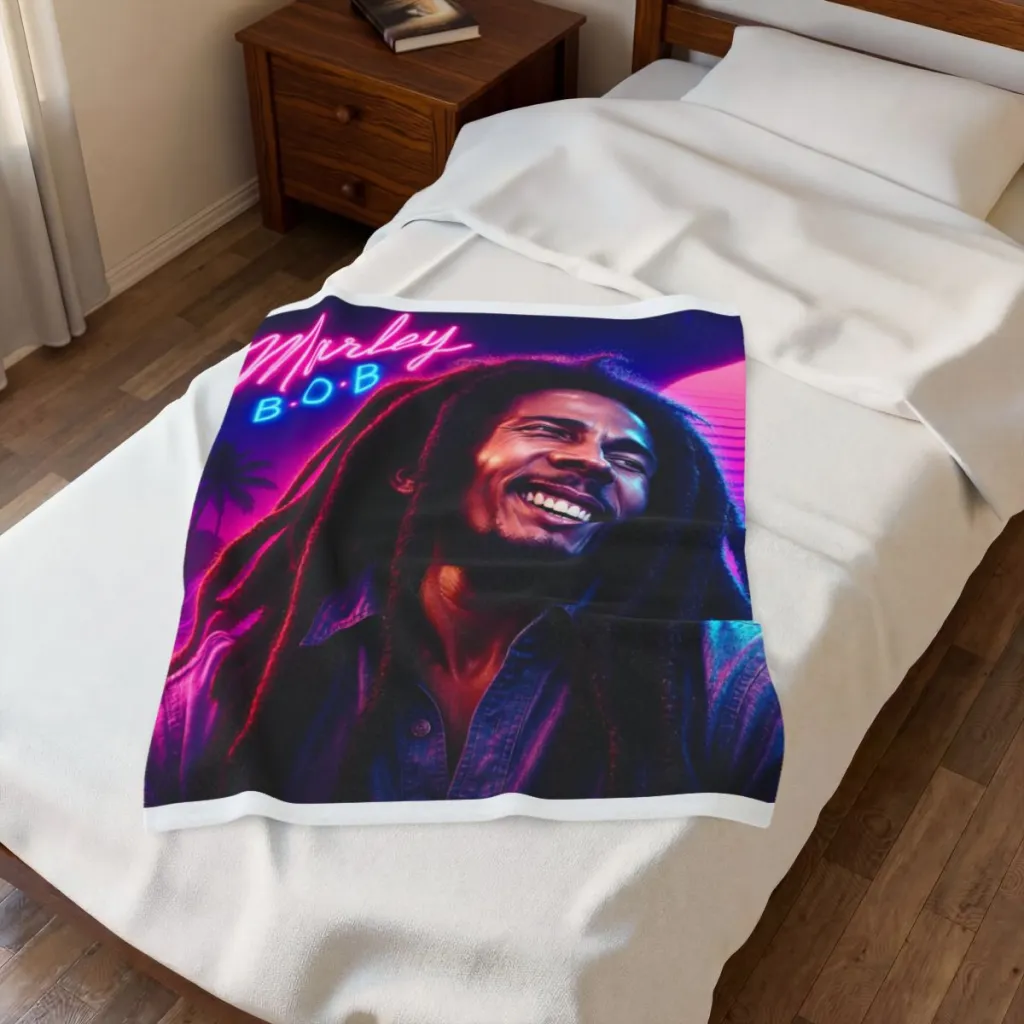 Plush blanket showing a wide synthwave sunset, a neon B.O.B sign and a smiling reggae legend