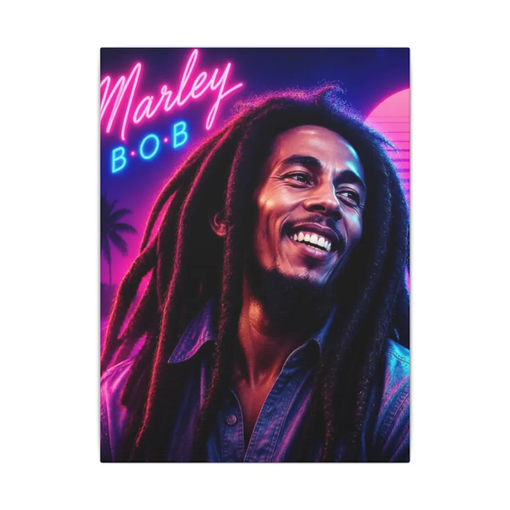 Canvas of a reggae king bathed in purple and orange synthwave sunset light with neon signs