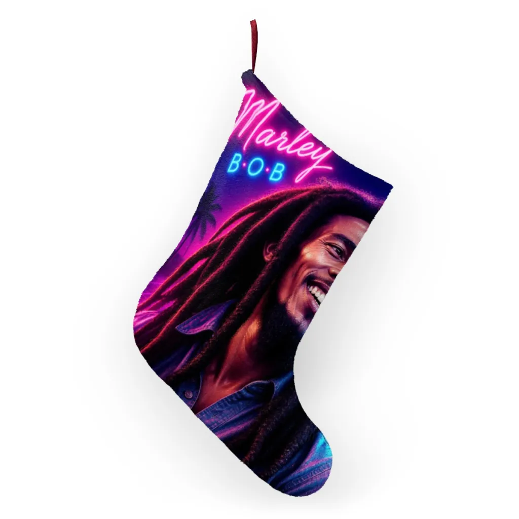 Christmas stocking showing a smiling reggae icon emerging from shadow into neon light