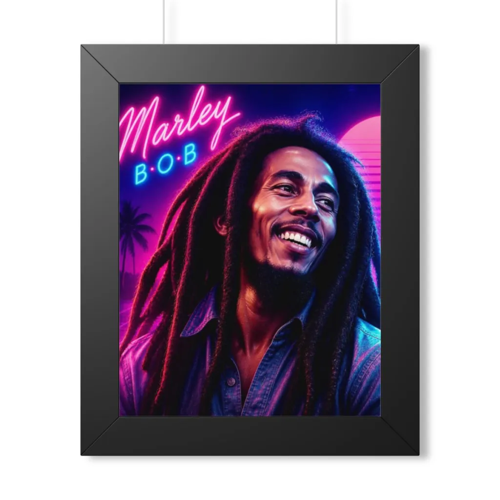 Framed vertical print of a smiling reggae musician lit by neon signs and a retro sunset
