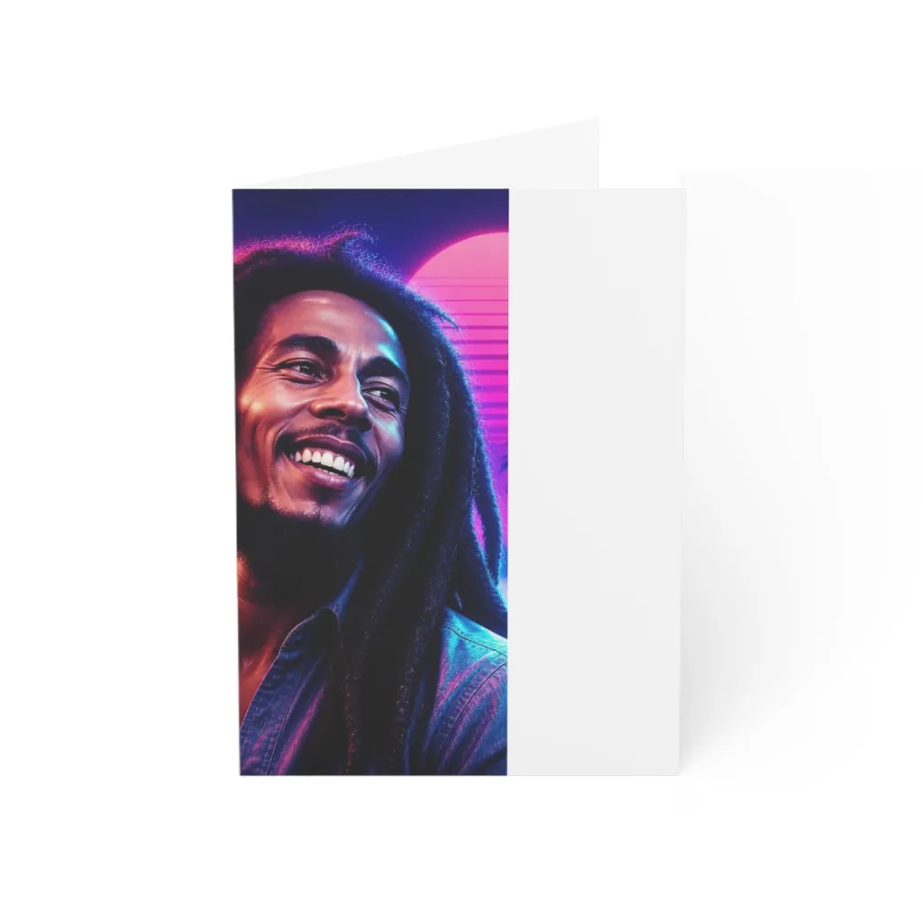 Greeting card front with a reggae king smiling through pink and blue neon light