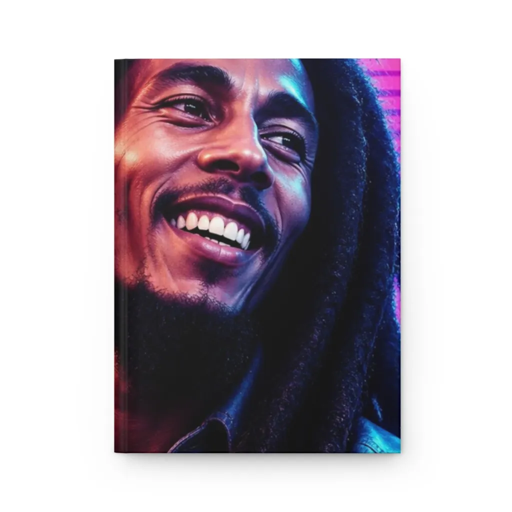 Matte hardcover journal with a reggae legend glowing through neon haze on the front