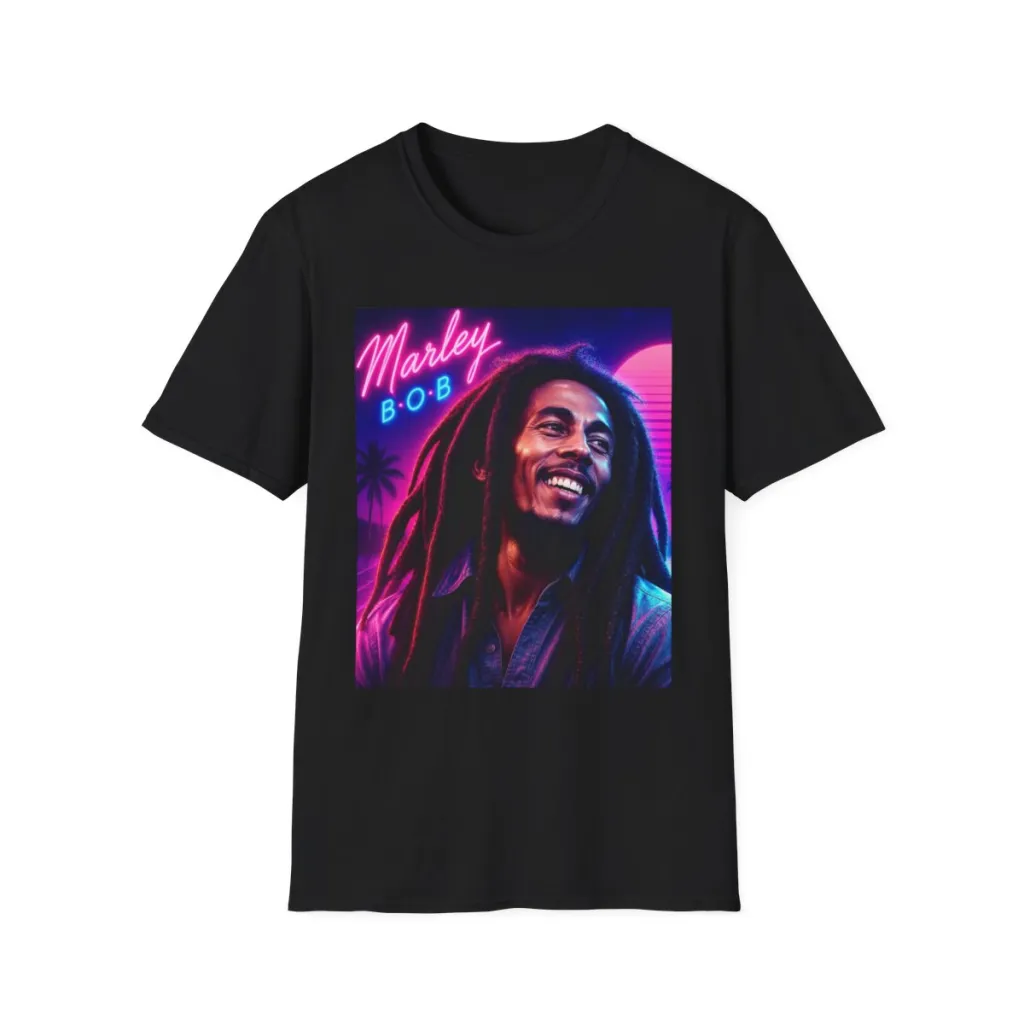 Neon portrait of a grinning reggae icon in violet and pink haze on a heavyweight tee