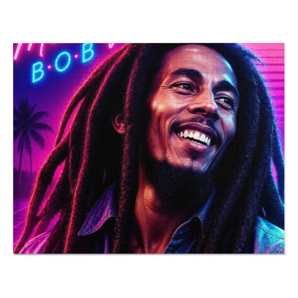 Jigsaw puzzle of a smiling reggae musician above a glowing pink, purple and teal horizon