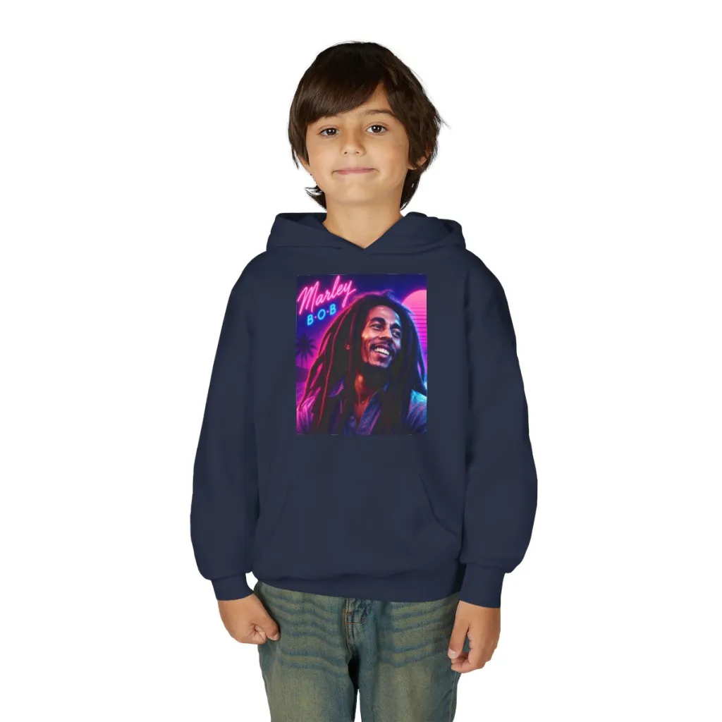 Reggae musician smiling on a neon cyberpunk beach at sunset on a youth hoodie