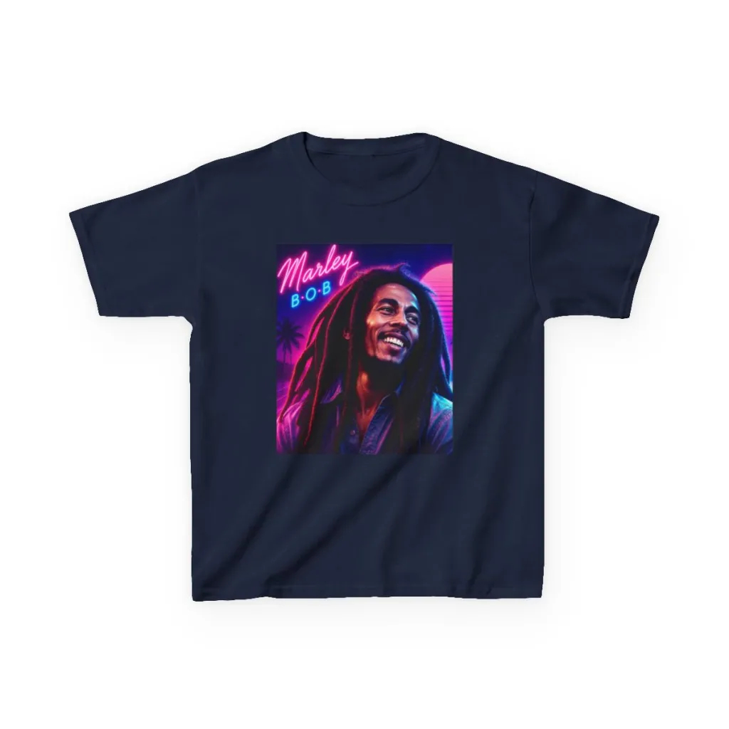 Smiling reggae hero framed by pink and turquoise neon light on a kids' cotton tee
