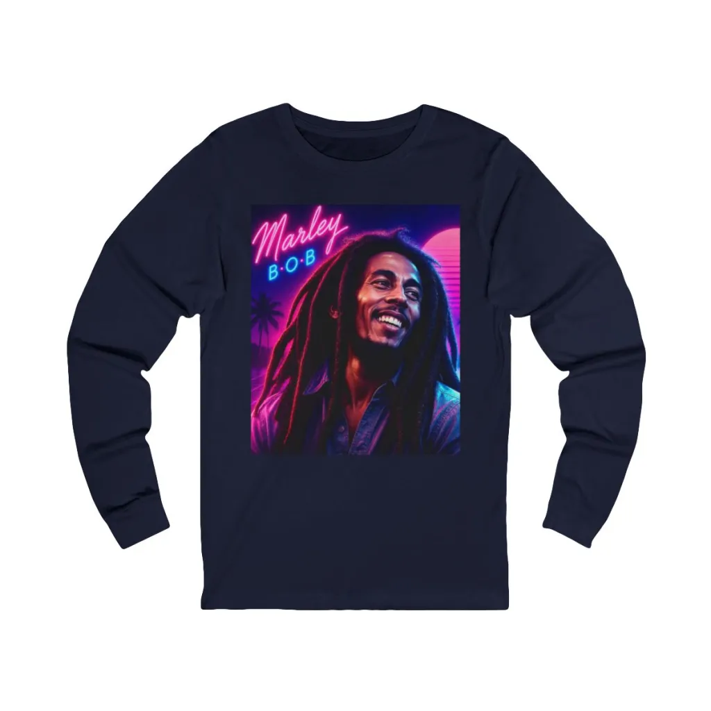 Smiling reggae icon glowing under a neon sign and synthwave sky on a long sleeve tee