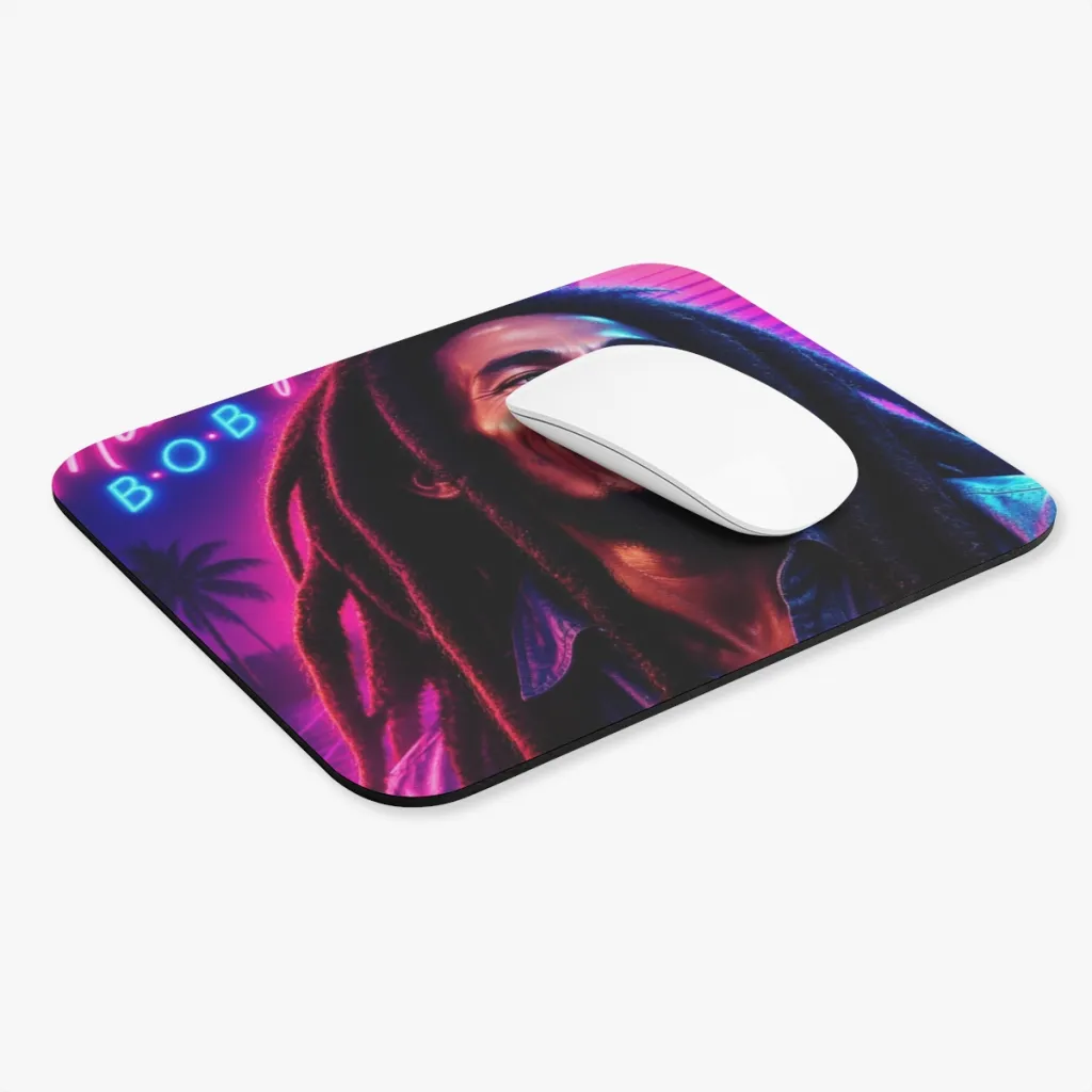 Rectangular mouse pad with a grinning reggae icon and a neon sunset glow