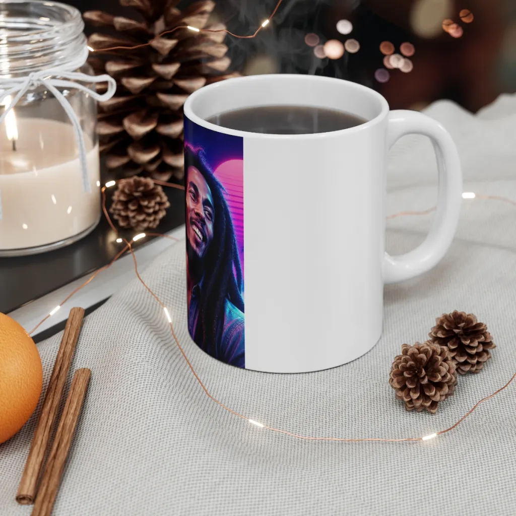 White ceramic mug showing a smiling reggae icon glowing under a pink synthwave sky