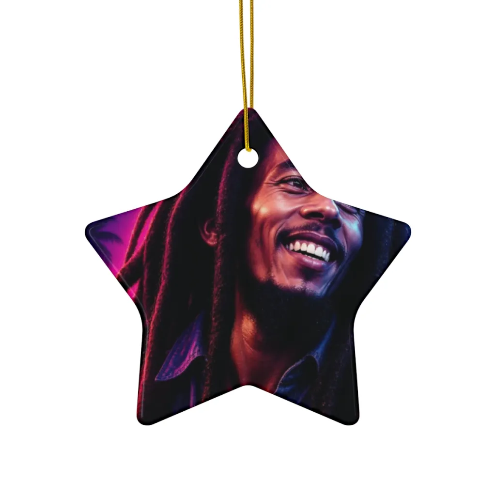 Ceramic ornament with a reggae king smiling under neon light and a synthwave glow