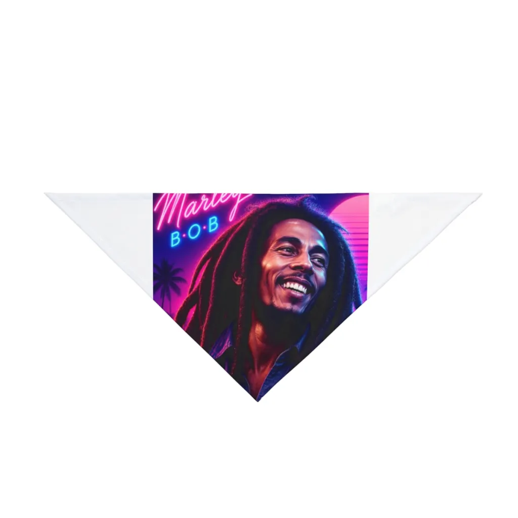 Triangle pet bandana with a reggae legend smiling in pink and purple neon glow