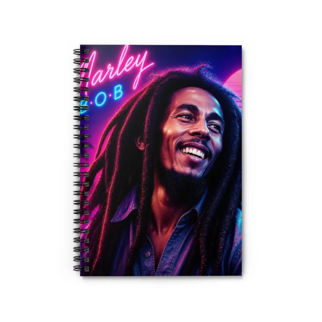 Spiral notebook cover showing a synthwave sunset and a smiling reggae musician in neon