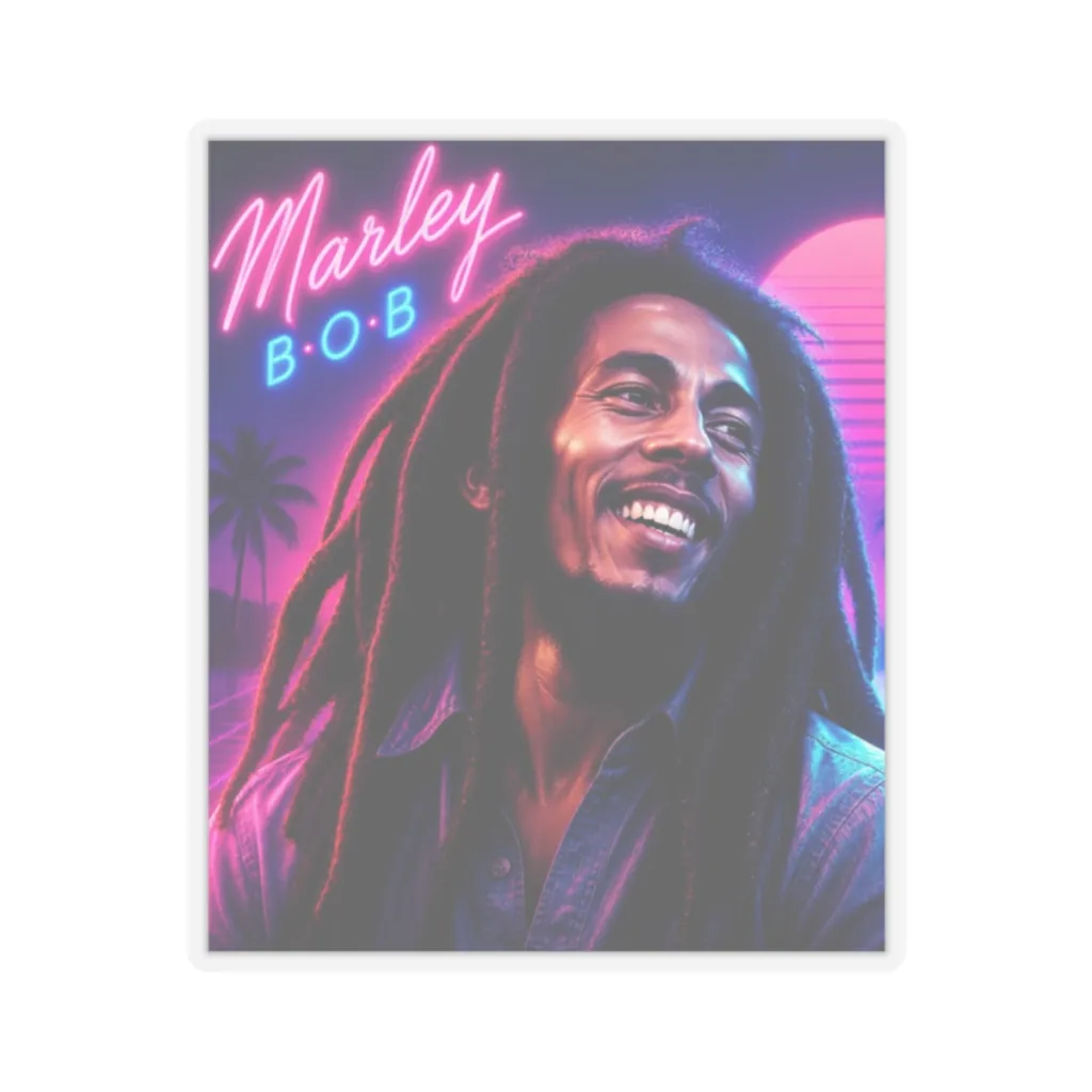 Kiss-cut sticker of a smiling reggae legend in neon pink and blue with a white border