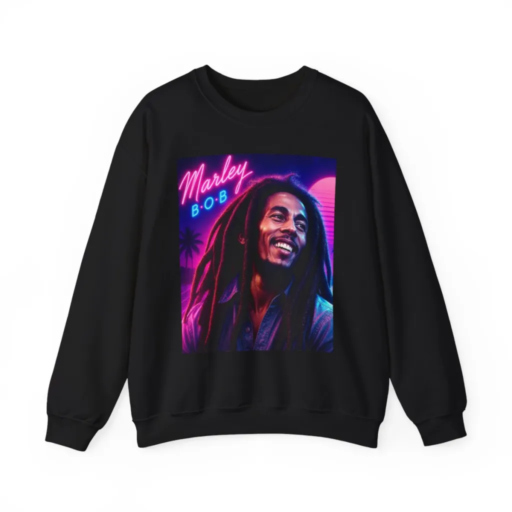 Reggae legend stepping out of shadow into pink and blue neon light on a crewneck sweatshirt