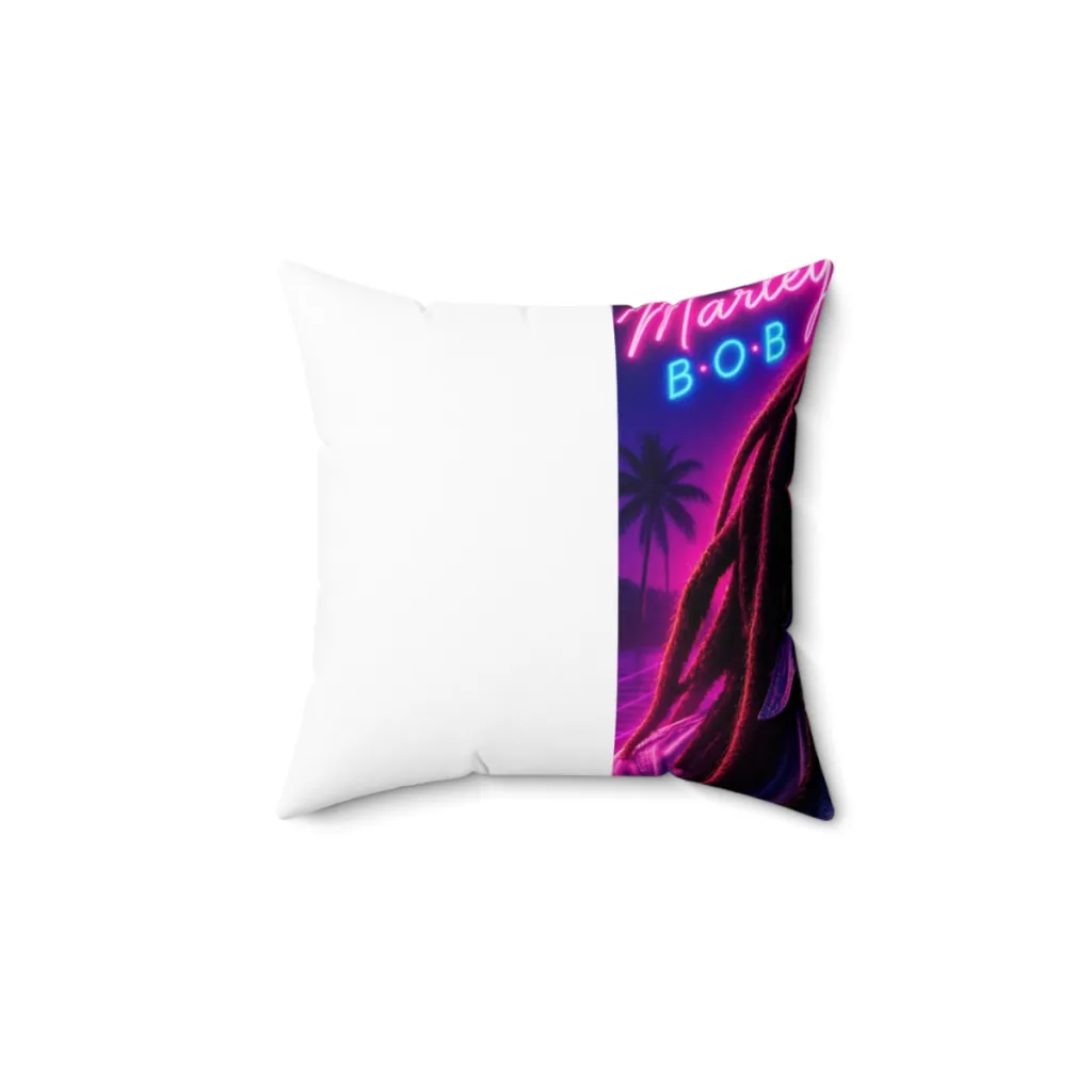 Square pillow with a smiling reggae portrait and violet neon sunset