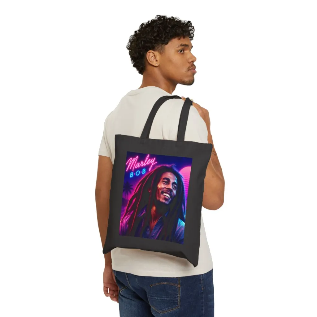 Cotton canvas tote with a smiling reggae legend under a neon synthwave sky