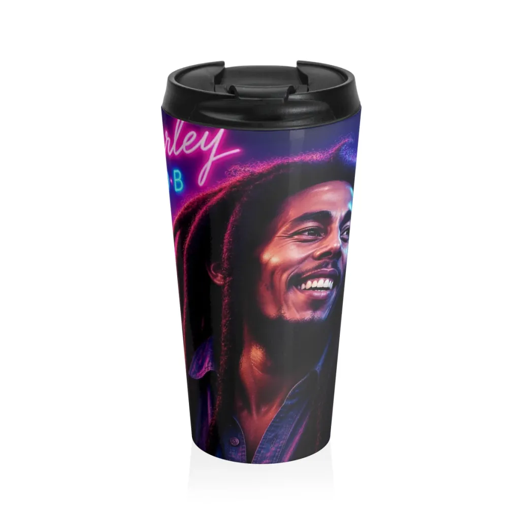 Stainless steel travel mug showing a smiling reggae icon in front of a neon sunset