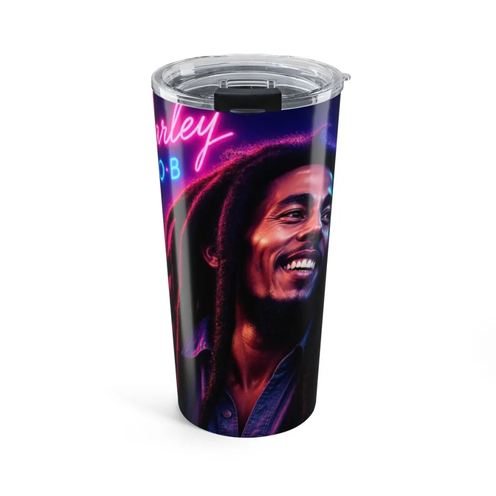 Tumbler wrapped with a reggae legend glowing in pink and blue beside a neon name sign