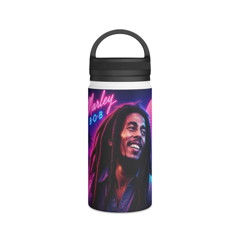 Water bottle with a reggae icon smiling through neon haze on a cyberpunk beach at dusk