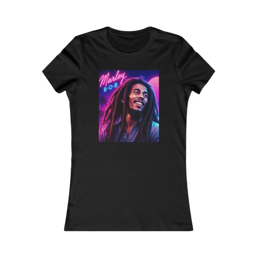Reggae legend smiling in hot pink, teal and purple neon light on a fitted women's tee