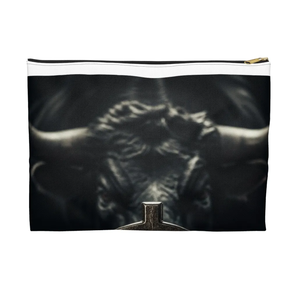 Zippered accessory pouch with a solid silver dollar and a golden bull half lost in shadow