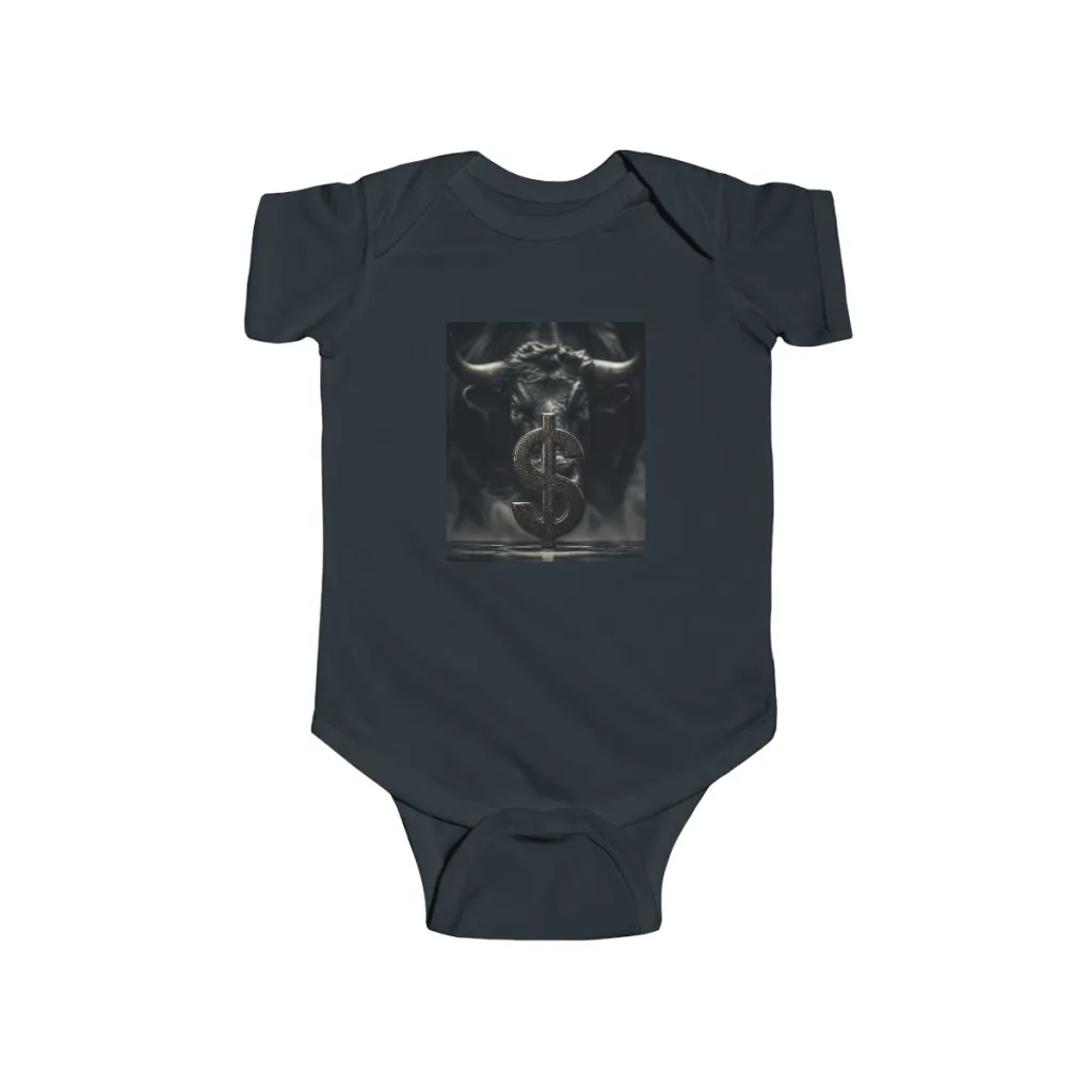 Baby bodysuit with a silver dollar coin and a golden bull in the shadows on the front