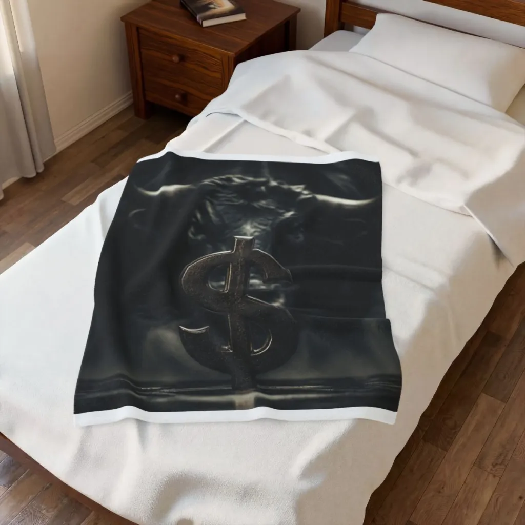Plush blanket covered in a dark image of a glinting silver dollar with a golden bull waiting behind it