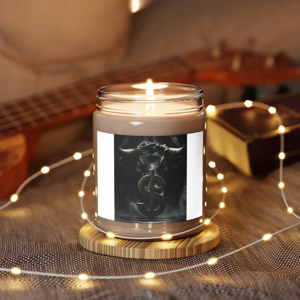 Soy candle jar with white lid and a label showing a silver coin in a pool of light and a hidden golden bull