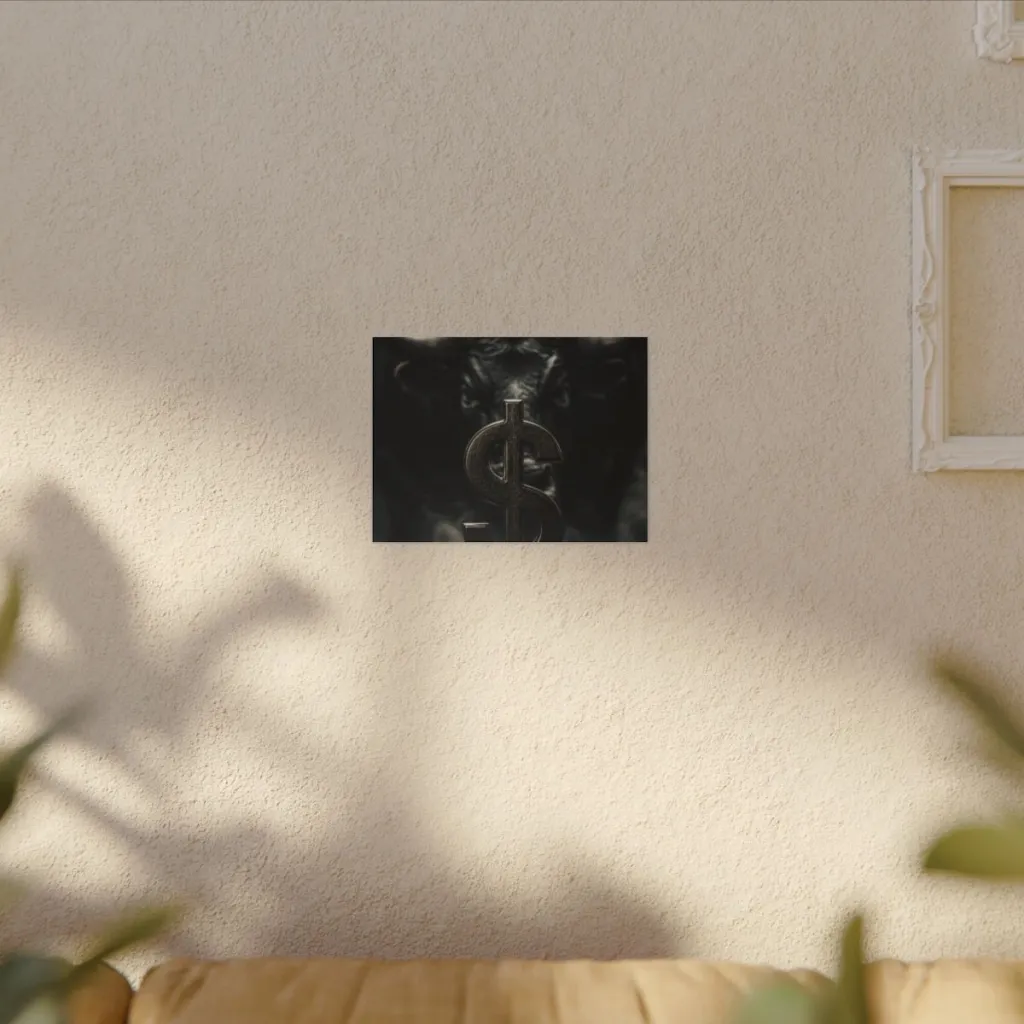 Canvas wall art of a worn silver dollar with a golden bull hovering in the shadows behind it