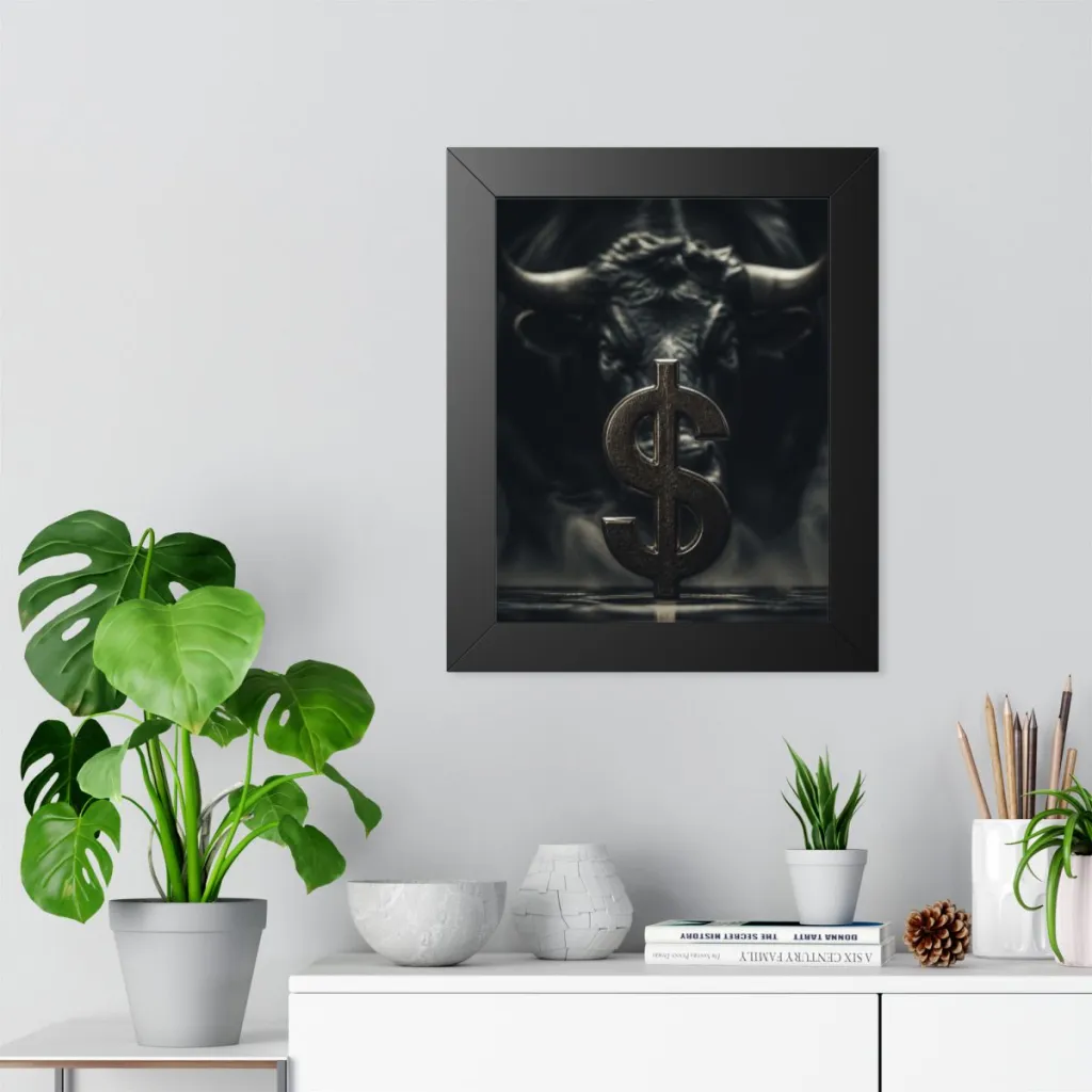 Framed vertical print of a silver dollar anchored in darkness with the faint gold shape of a bull behind