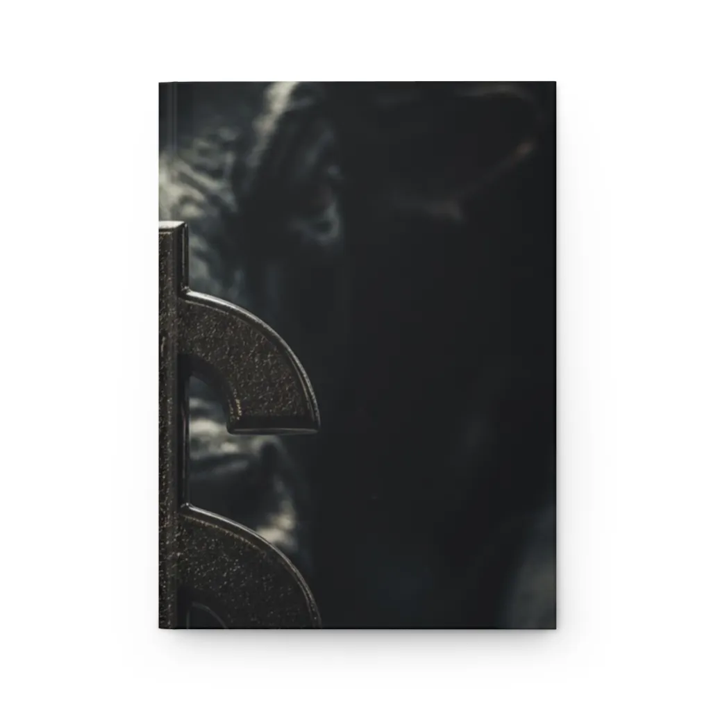 Matte hardcover journal with a silver coin anchored in darkness and a golden bull looming behind