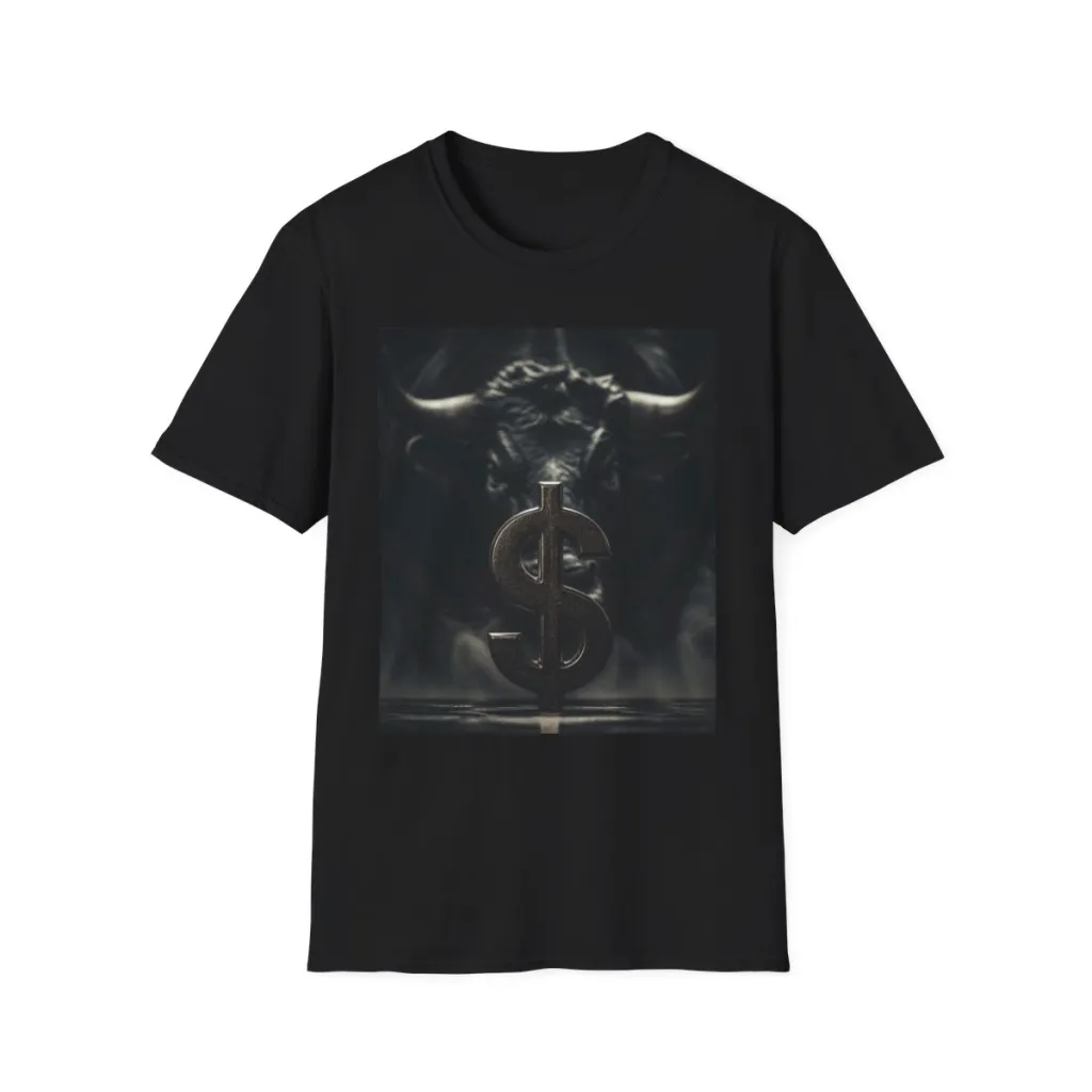 Heavyweight tee with a weathered silver dollar in front and a faint golden bull glowing in the dark behind