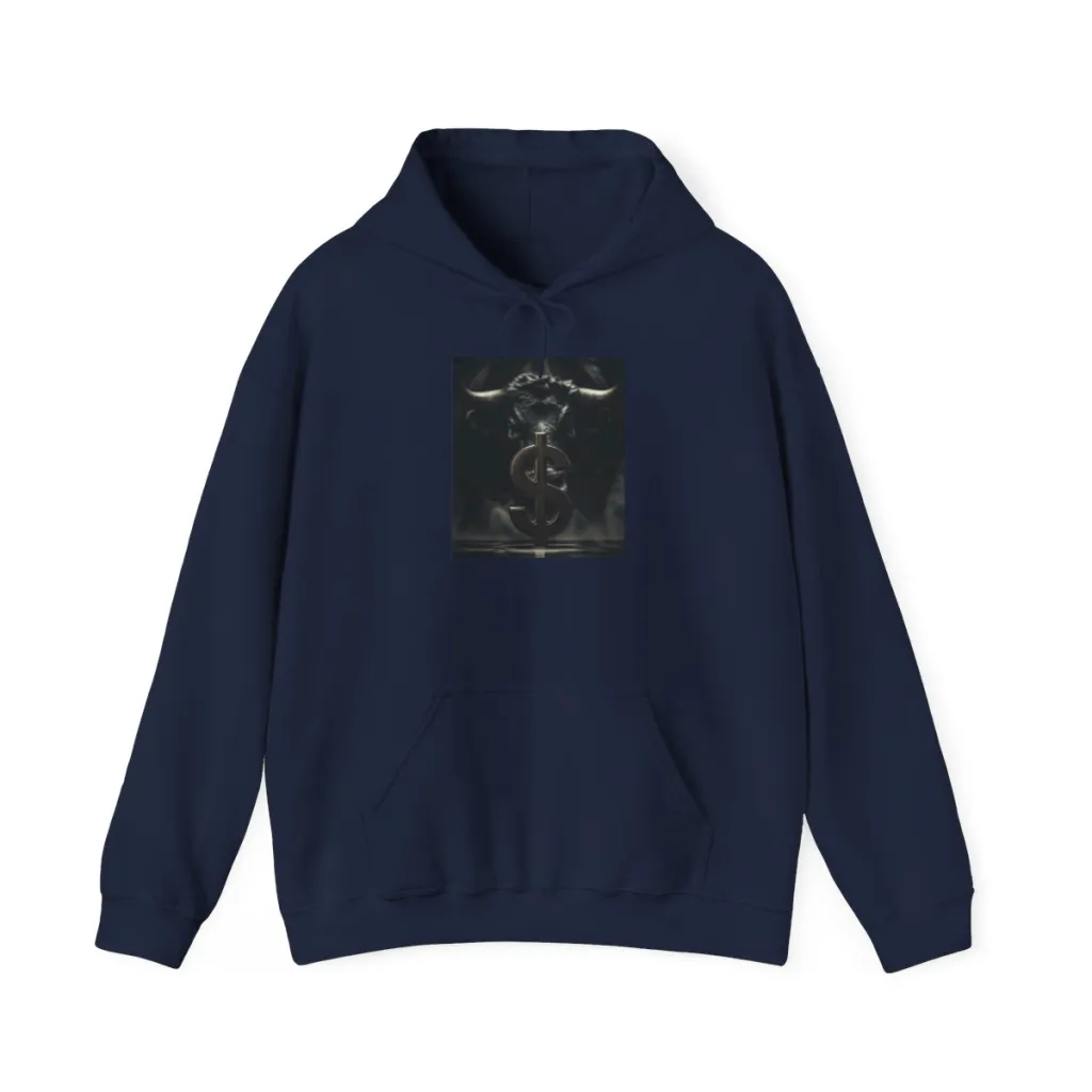 Hoodie with a cinematic image of a silver dollar and a golden bull rising from the shadows behind it