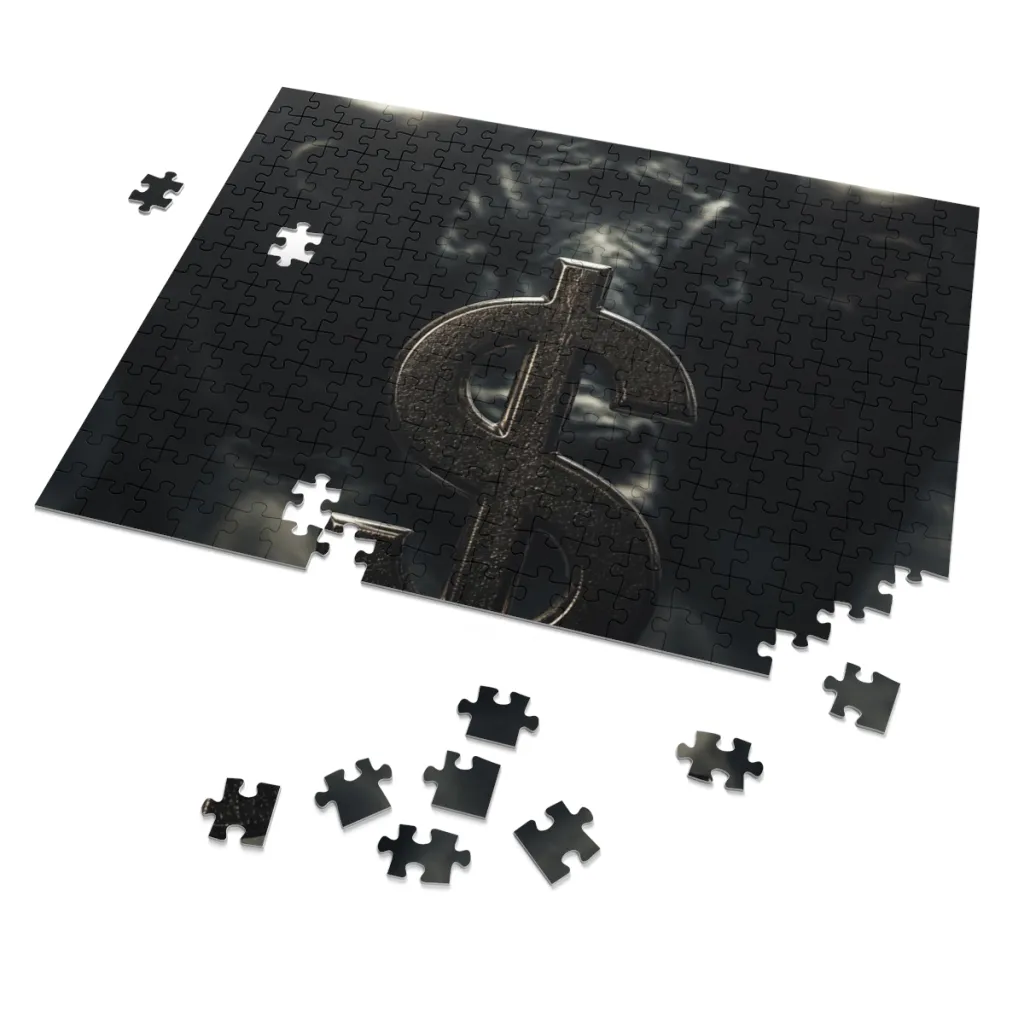 Jigsaw puzzle and tin showing a textured silver coin with the soft gleam of a gold bull in deep shadow