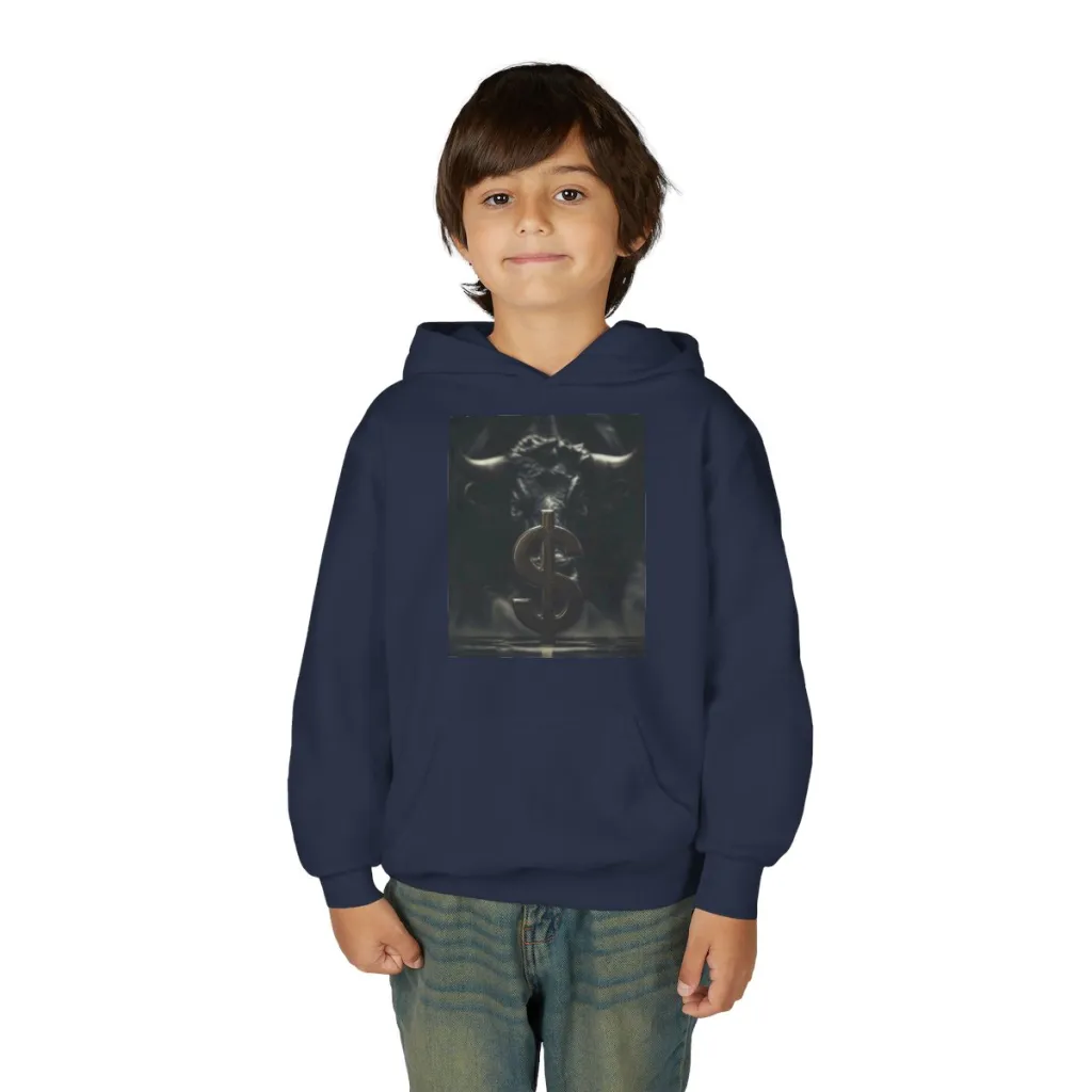 Youth hoodie featuring a large silver dollar with a gold bull glowing in the darkness behind it