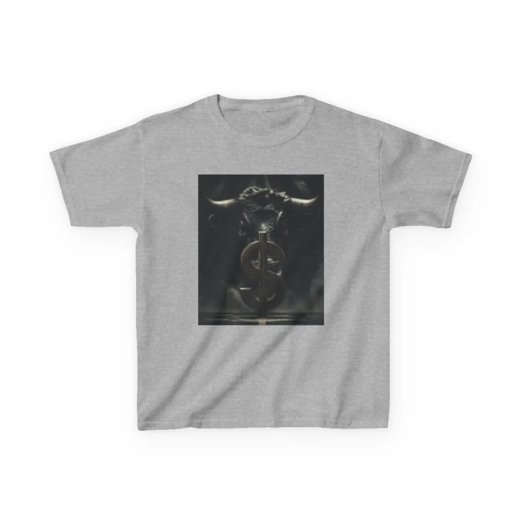 Kids’ cotton tee with a shiny silver coin and a golden bull standing in the dark behind it