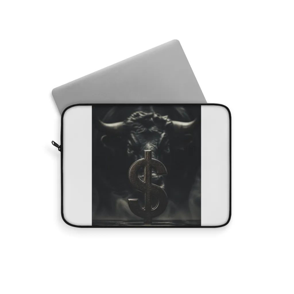 Padded laptop sleeve covered with a sharply focused silver dollar and a golden bull waiting in the dark