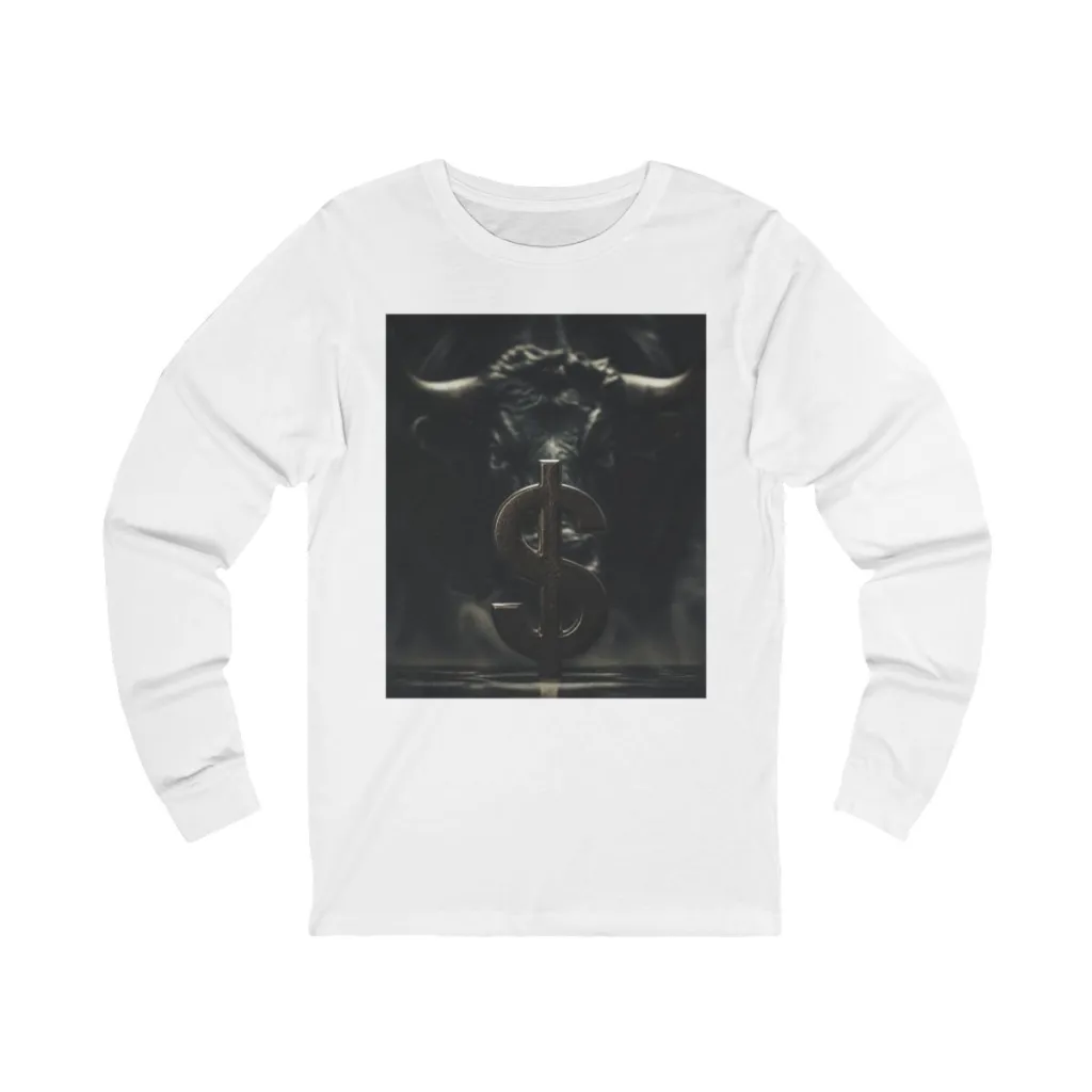 Long sleeve tee with a close-up silver dollar and the faint outline of a golden bull in the dark behind it