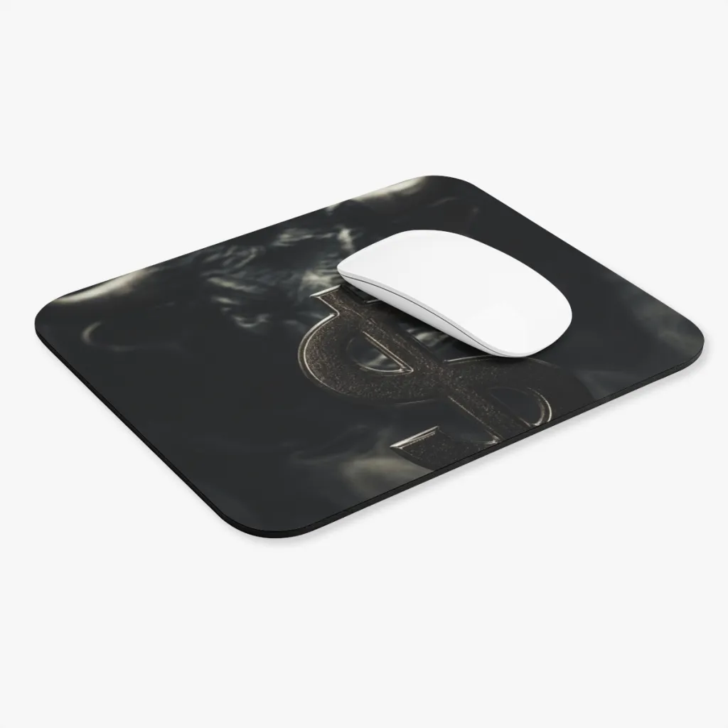 Rectangular mouse pad with a silver coin and the shadowy form of a golden bull on a dark background