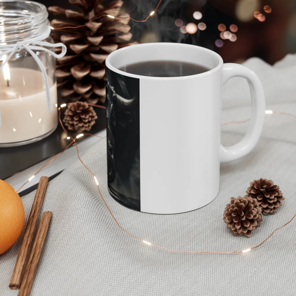 White 11oz mug showing a silver dollar coin and a golden bull glimmering in a dark background