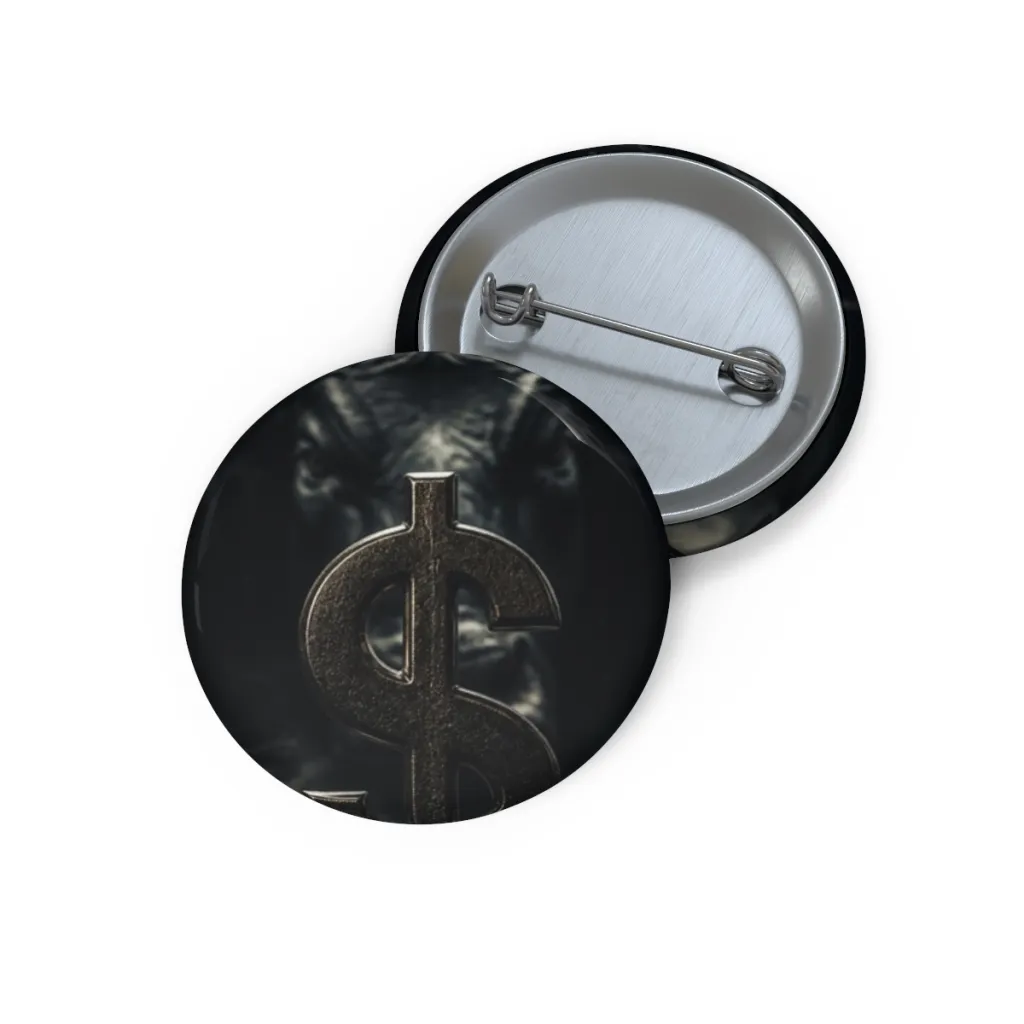 Round pin button with a silver coin at the center and a golden bull glinting in the shadows behind