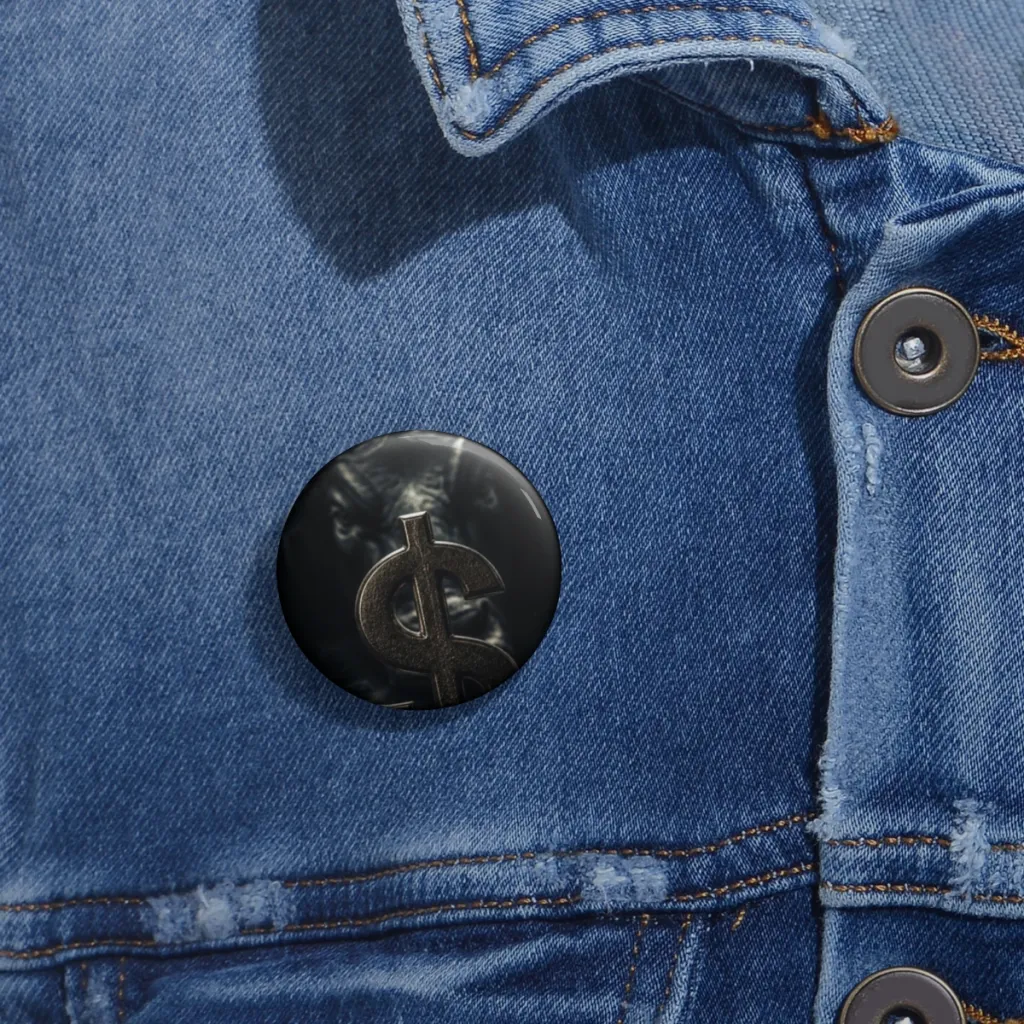Round pin button with a silver coin at the center and a golden bull glinting in the shadows behind