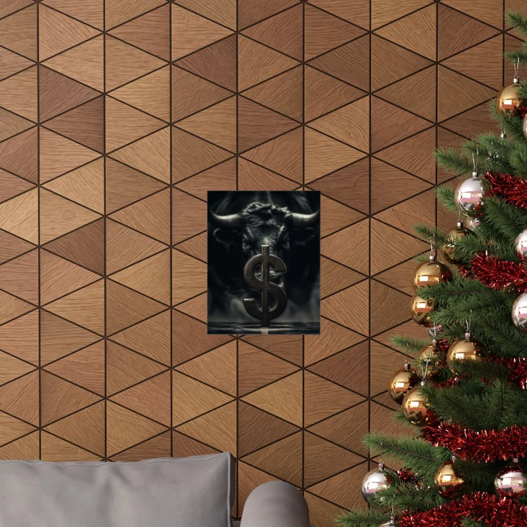 Vertical poster of a macro silver dollar in sharp focus with a golden bull fading into a dark background