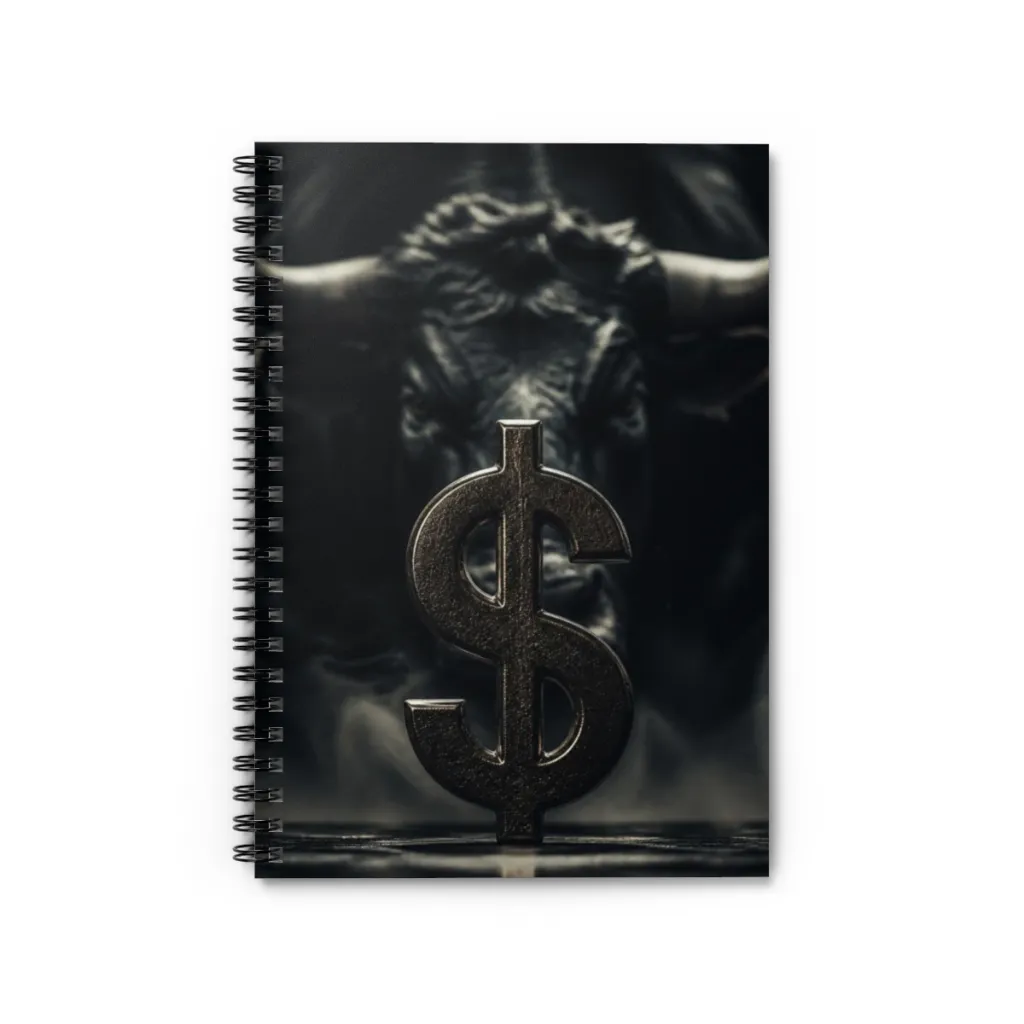 Spiral notebook cover showing a rugged silver dollar with a golden bull in the shadows