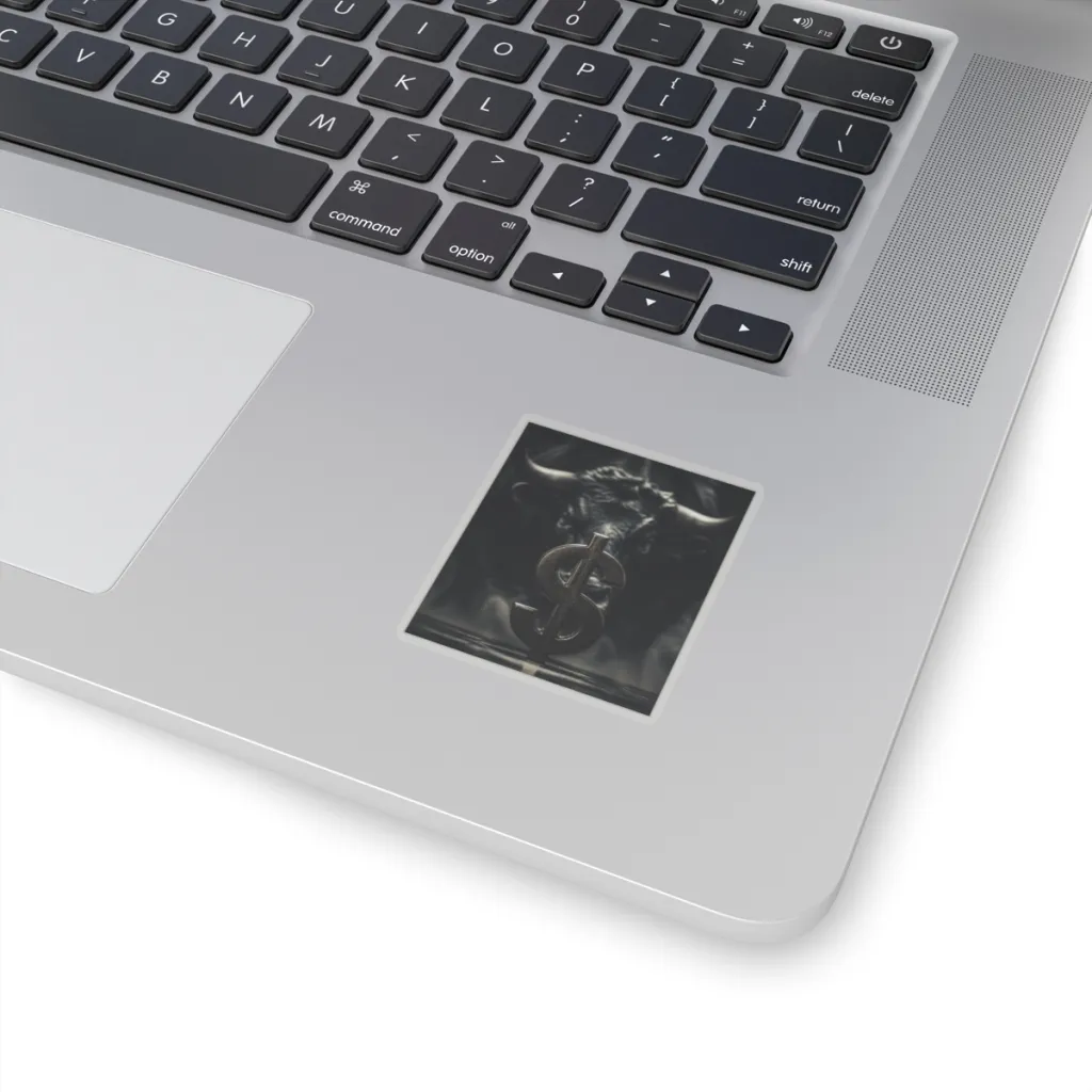 Kiss-cut sticker of a shiny silver dollar with a glowing golden bull behind it