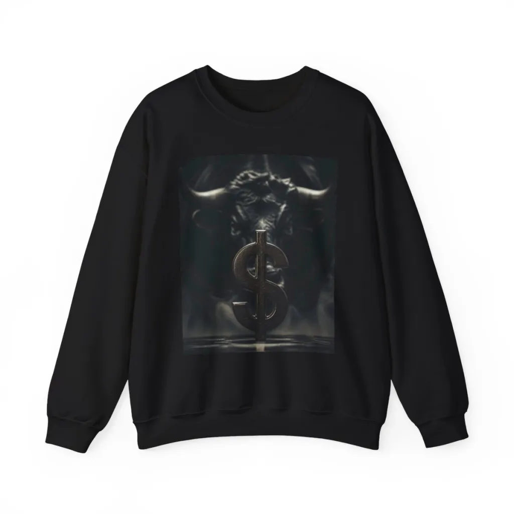 Crewneck sweatshirt showing a rough silver dollar lit from the side with a gold bull looming behind