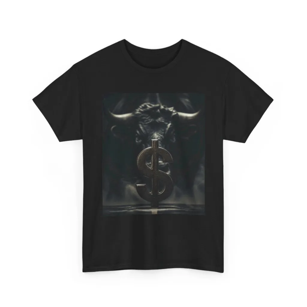 T-shirt showing a silver dollar coin with a golden bull looming in the shadows behind it on a dark background