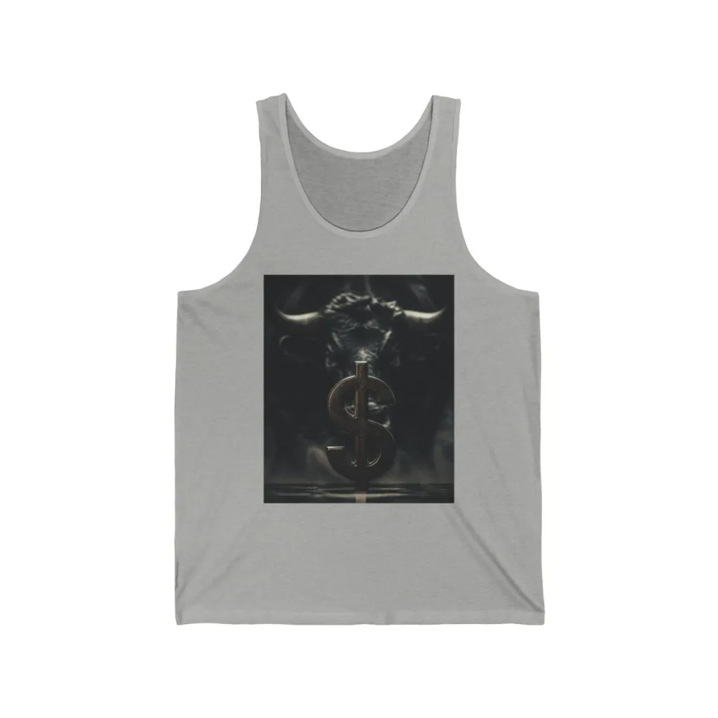 Jersey tank top showing a silver coin in low light with a golden bull standing in the shadows